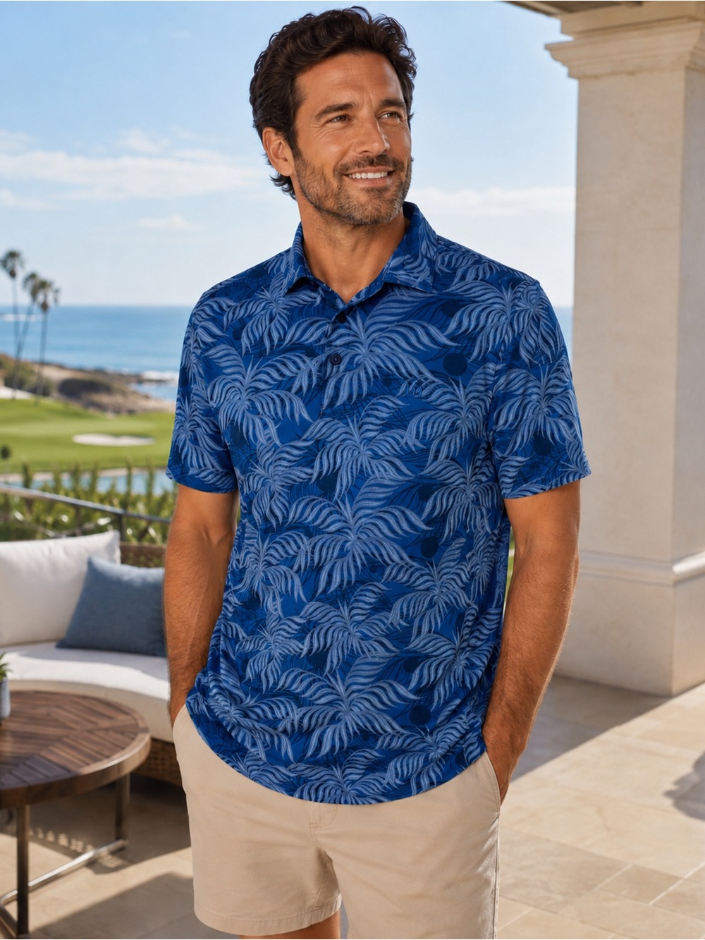 TravisMathew Men’s Medium Blue Tropical Palm Print Pima Cotton Blend Polo